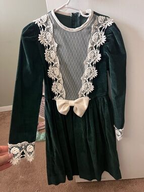 Girls Dark Green Velvet Dress with Cream Lace Trim and Bow